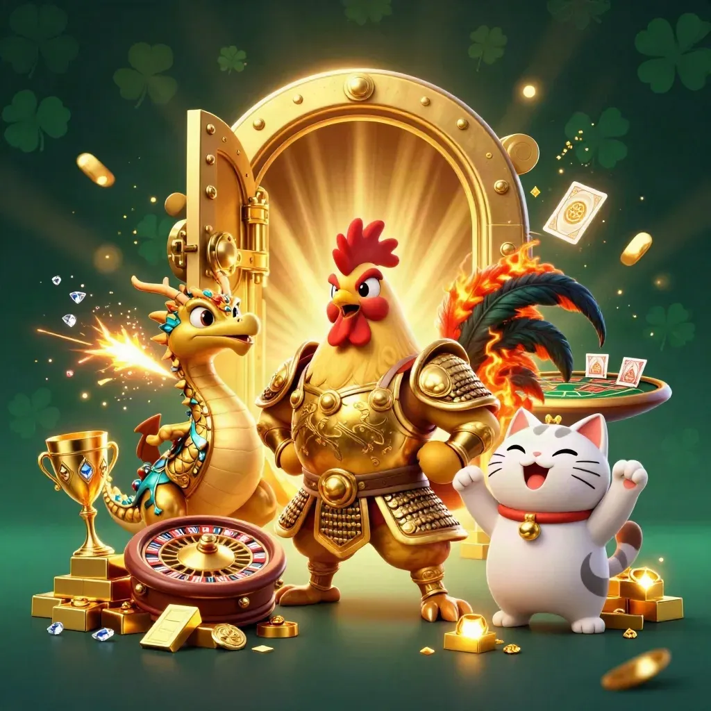 Rooster warrior, dragon hatchling and fortune cat amid vault gold, roulette wheel and casino lights