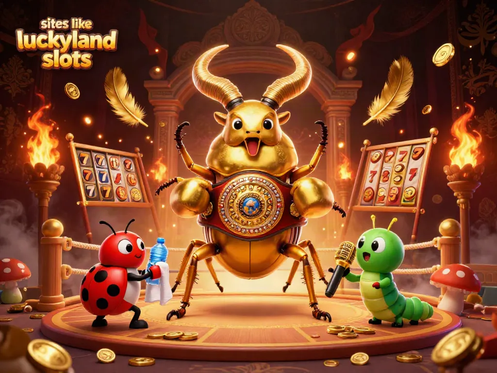 Exciting scene of a golden stag beetle boxing with slots and jackpots representing sites like luckyland slots