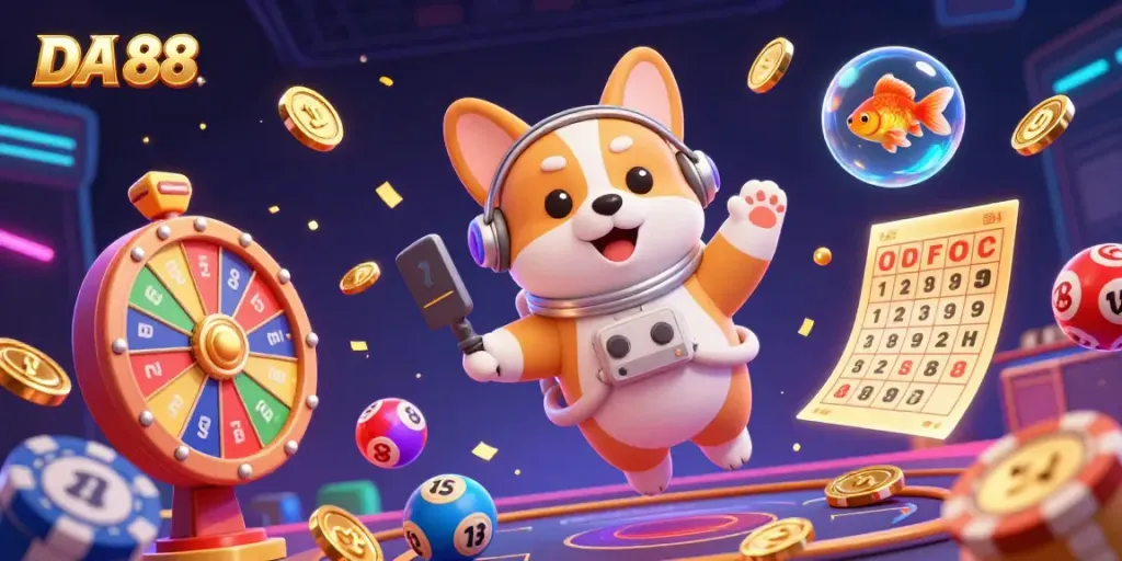 Experience thrilling games with DA 88's colorful lottery balls and dynamic casino ambiance.