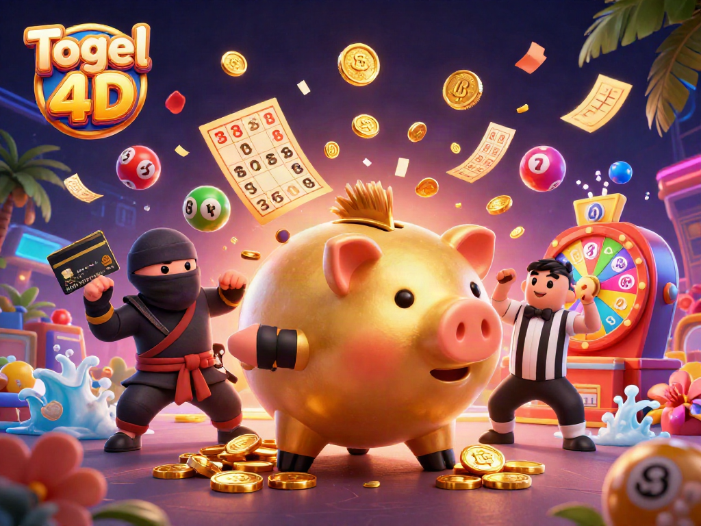 Ilustrasi Togel 4D menampilkan petarung sumo kekayaan yang penuh dengan koin emas dan elemen menarik lainnya.
