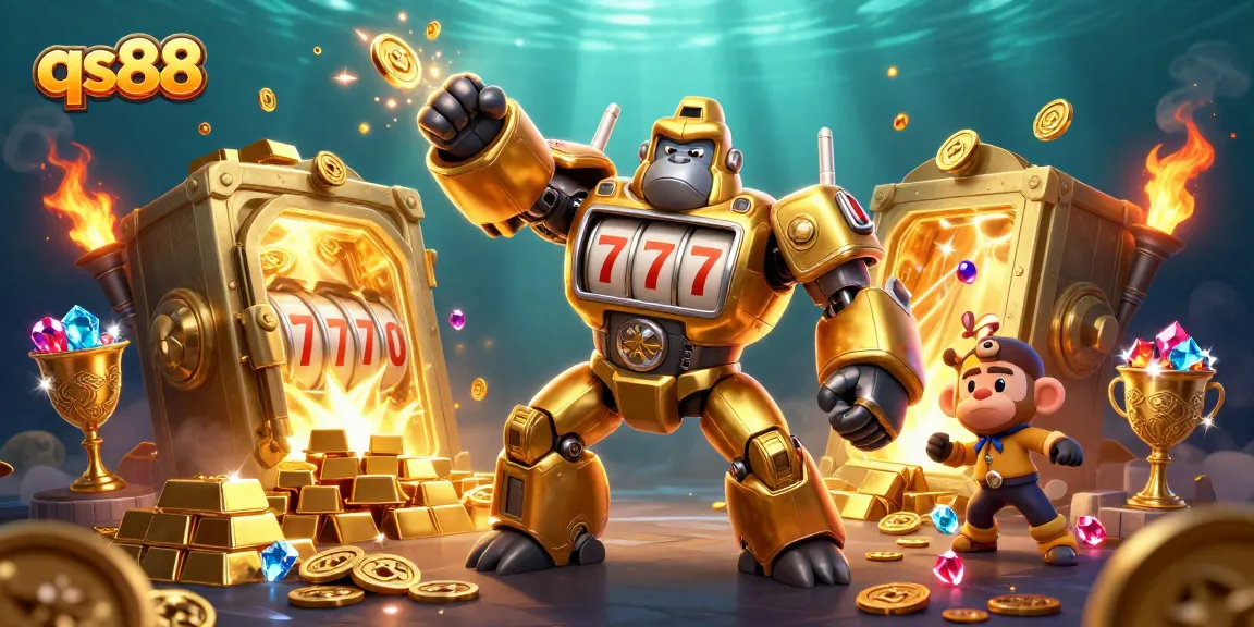 Experience the thrill of qs88 with a golden gorilla mech, slot machine parts, and treasure elements in action.