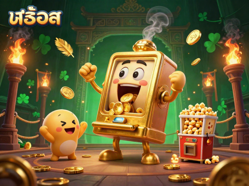 Celebrate winning with สล็อต in a vibrant 3D scene of a golden slot machine and cheering companions.