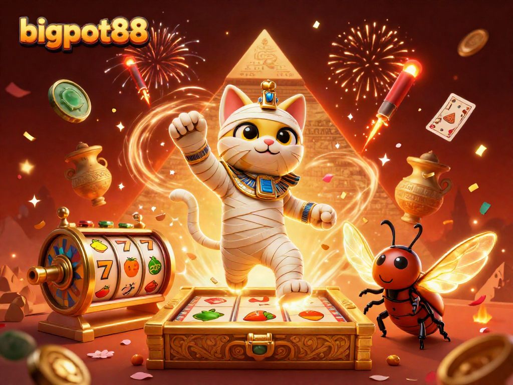 bigpot88 membawa keberuntungan dengan ilustrasi kucing mumi dan elemen kasino yang memikat.