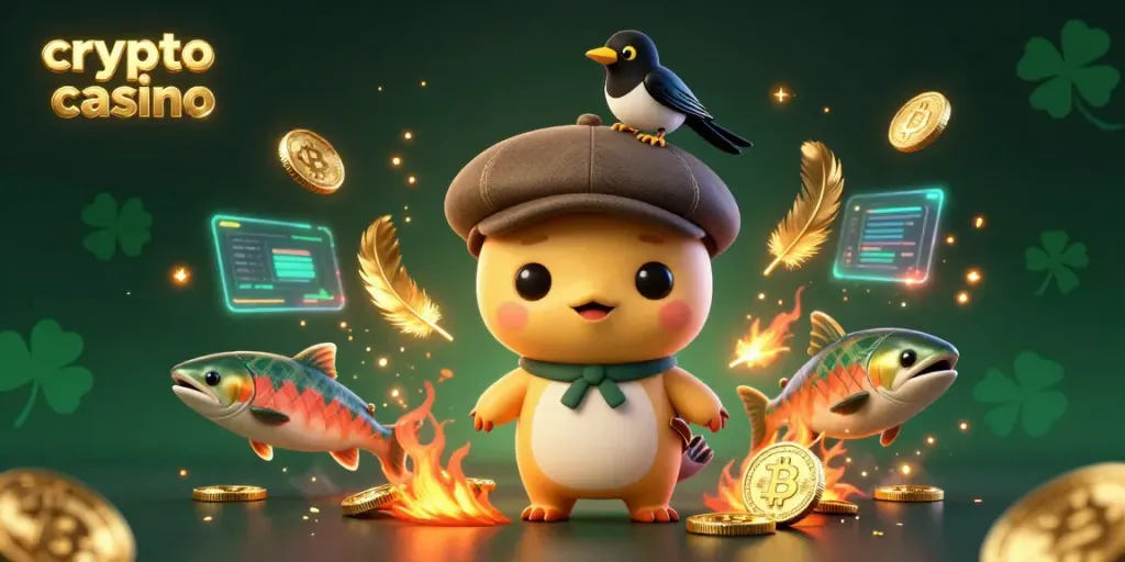 Engage with the vibrant crypto casino featuring Nessie, Bitcoin elements, and lively animations.