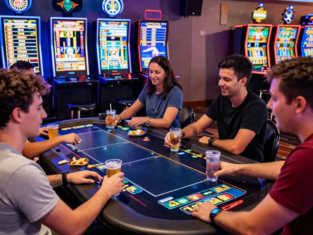 Engaging group of friends enjoying luxury12 slots online in a vibrant casino atmosphere.