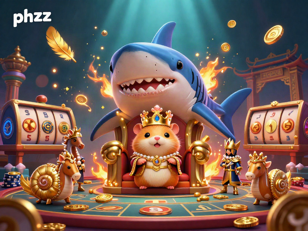 Engage in thrilling settings with phzzz, featuring a hamster king atop a megalodon throne surrounded by casino game elements.