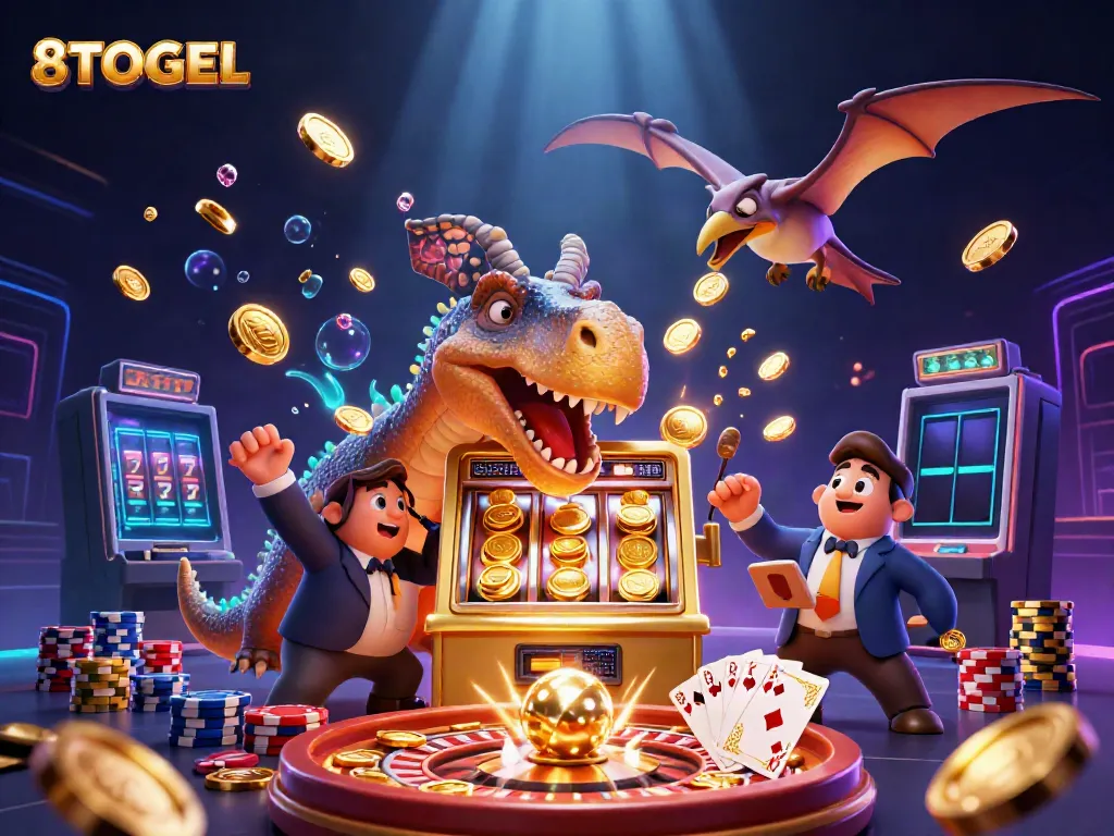 Experience thrilling wins at 8TOGEL with cartoon dinosaurs amidst cascading coins and vibrant casino elements.