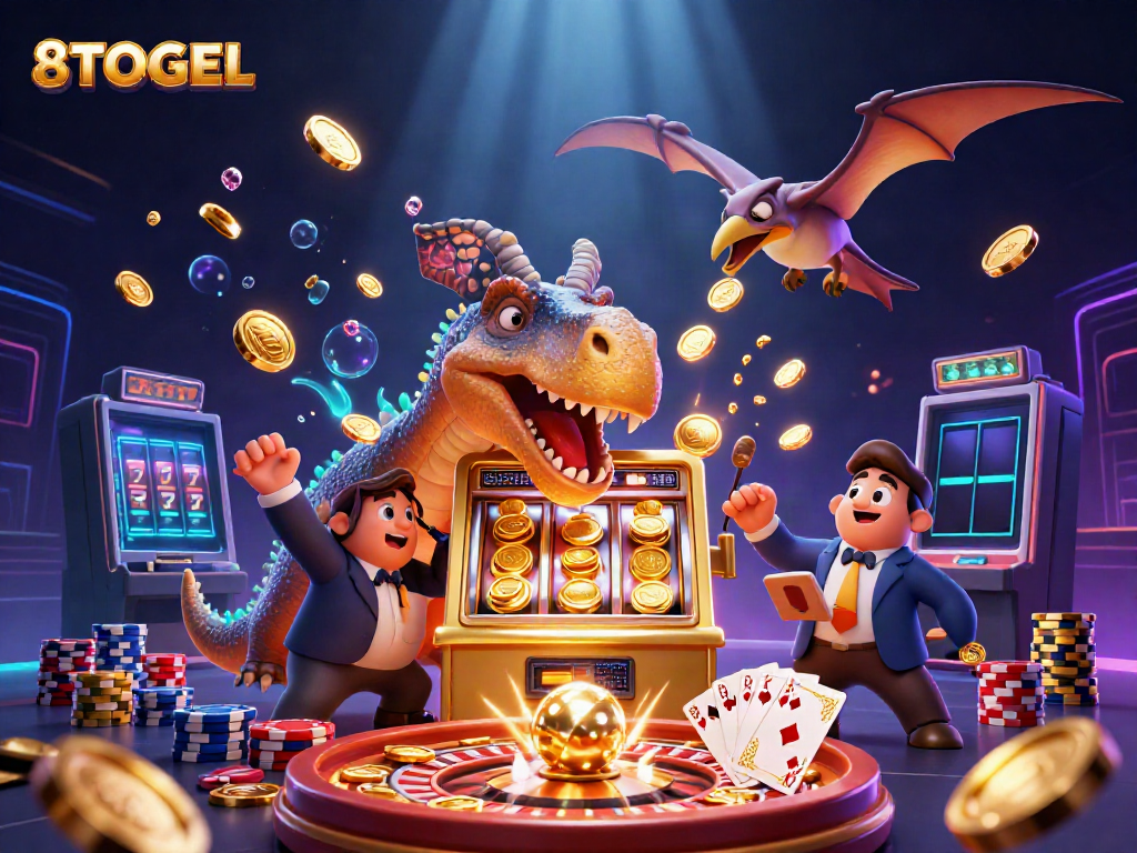 Experience thrilling wins at 8TOGEL with cartoon dinosaurs amidst cascading coins and vibrant casino elements.