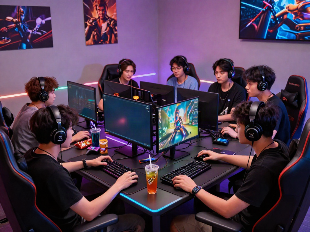 Engaged gamers enjoying qqmacan in a colorful gaming setup, showcasing intense gameplay atmosphere.