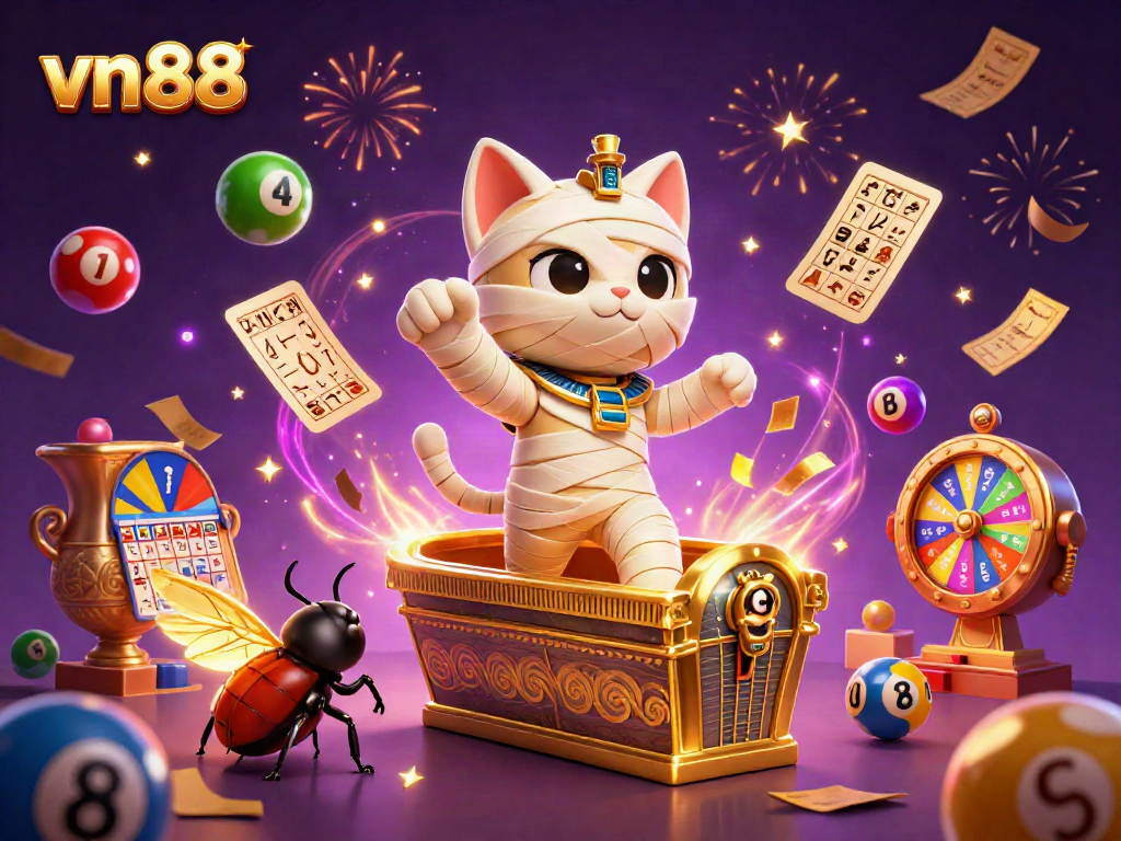 Engage in exciting gameplay at vn88 with a vibrant illustration of a mummy cat and casino elements.