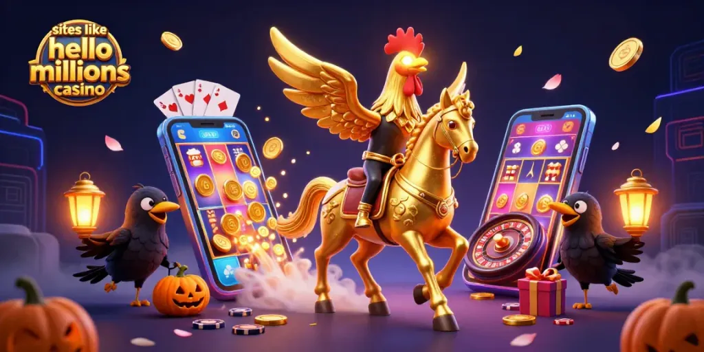 Spin the reels and win with sites like hello millions casino, featuring a golden rooster in a casino scene.