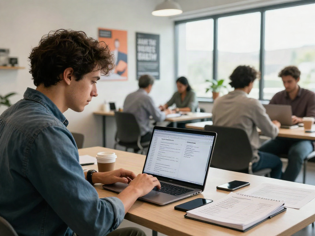 Searching for หางาน in a modern workspace, with a laptop and job listings.
