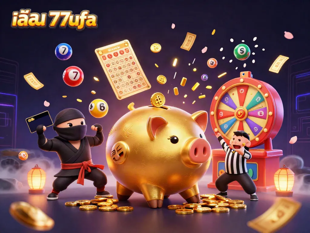 Join the excitement at เล่น 77ufa with vibrant gaming characters, golden coins, and playful lottery elements!