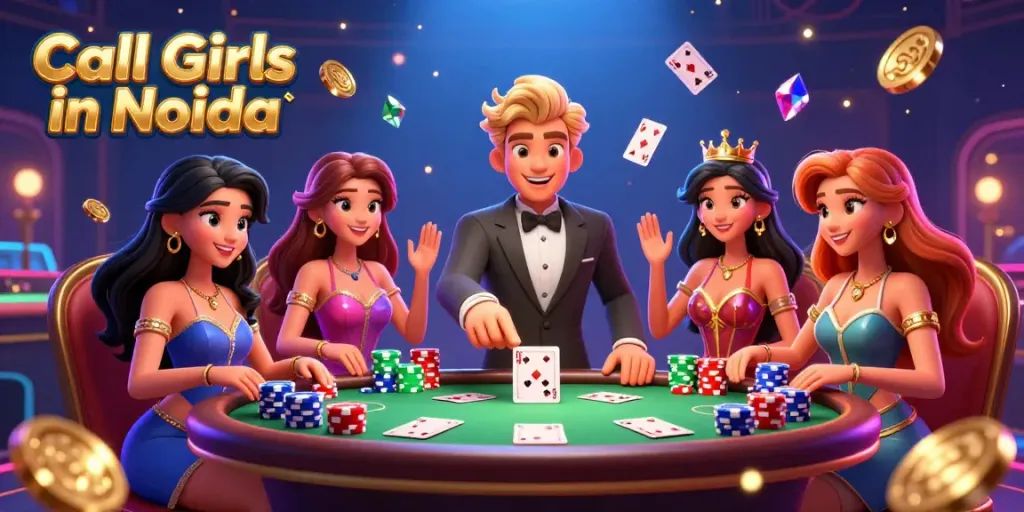 Dynamic illustration of Call Girls in Noida interacting around an exquisite gaming table with casino lights and vibrant decorations.