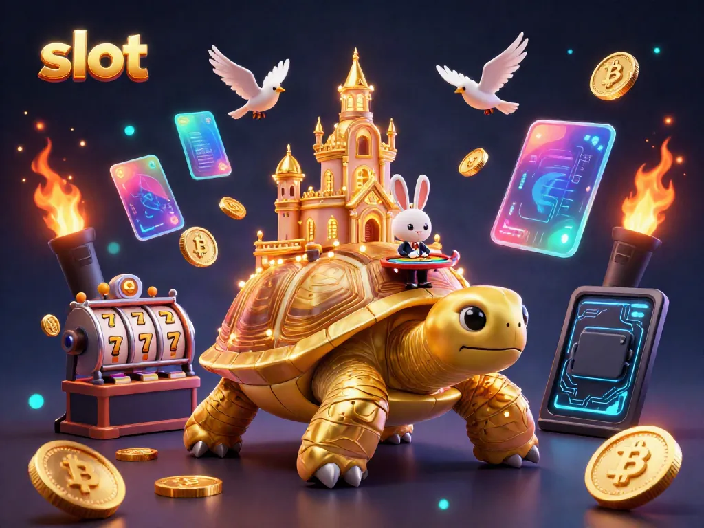 Engage with colorful slot gaming scene featuring a golden tortoise and a rabbit dealer.