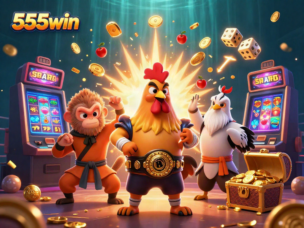 Experience the thrill of 555win with vibrant characters and a jackpot explosion in a lively casino scene.