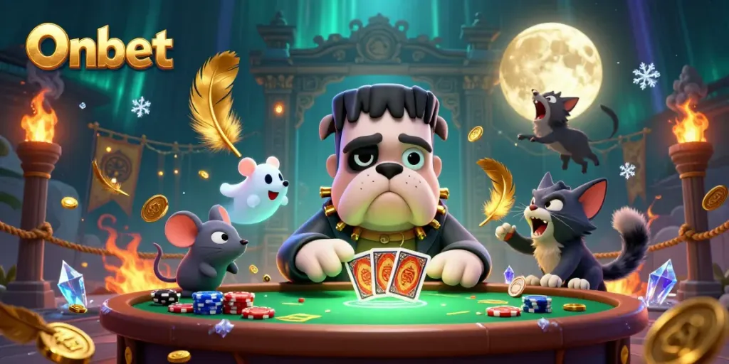 Play cards with Onbet's Frankenstein bulldog at a lively casino table surrounded by vibrant game elements.