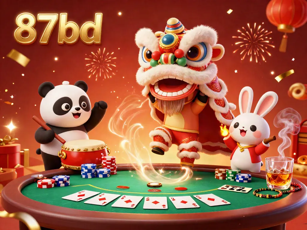 Engage with thrilling poker action at 87bd, featuring a vivid lion dance, poker chips, and festive elements.