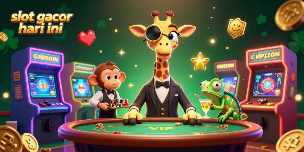 Slot gacor hari ini dalam ilustrasi 3D, menampilkan karakter unik di kasino yang megah.