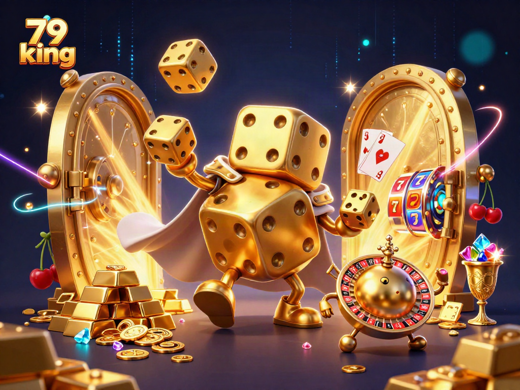 Engage with 79 king's thrilling casino adventure featuring golden dice, treasures, and slot machines.