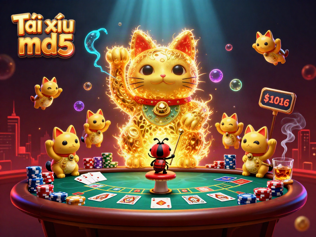 Place your bets with Tài xỉu md5 in this vibrant casino illustration featuring a lucky cat and poker chips.