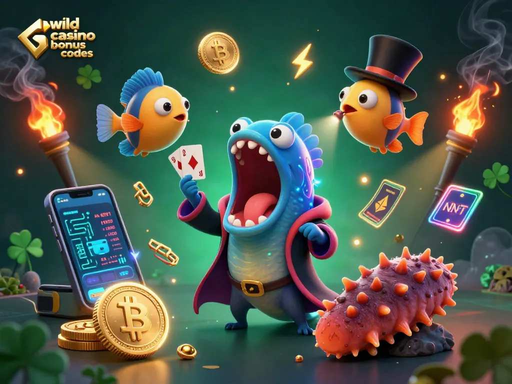 Engage with wild casino bonus codes through an animated scene of sea creatures performing magic tricks with crypto elements.