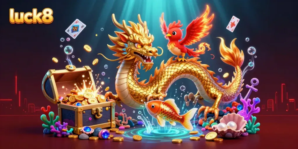 Engage with luck8 as a fierce dragon and a phoenix soar through vibrant casino elements.