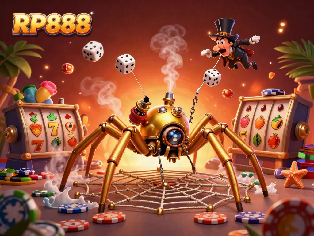 Experience excitement with RP888's vibrant 3D visualization of slots, featuring a steampunk spider and rich casino elements.