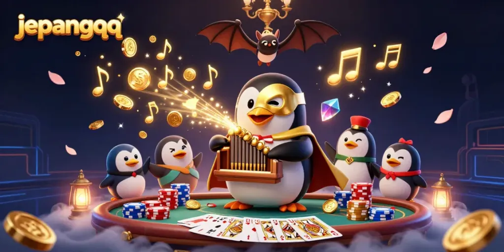 JepangQQ menyajikan permainan kasino dengan penguin hantu bermain alat musik, mengeluarkan koin emas.