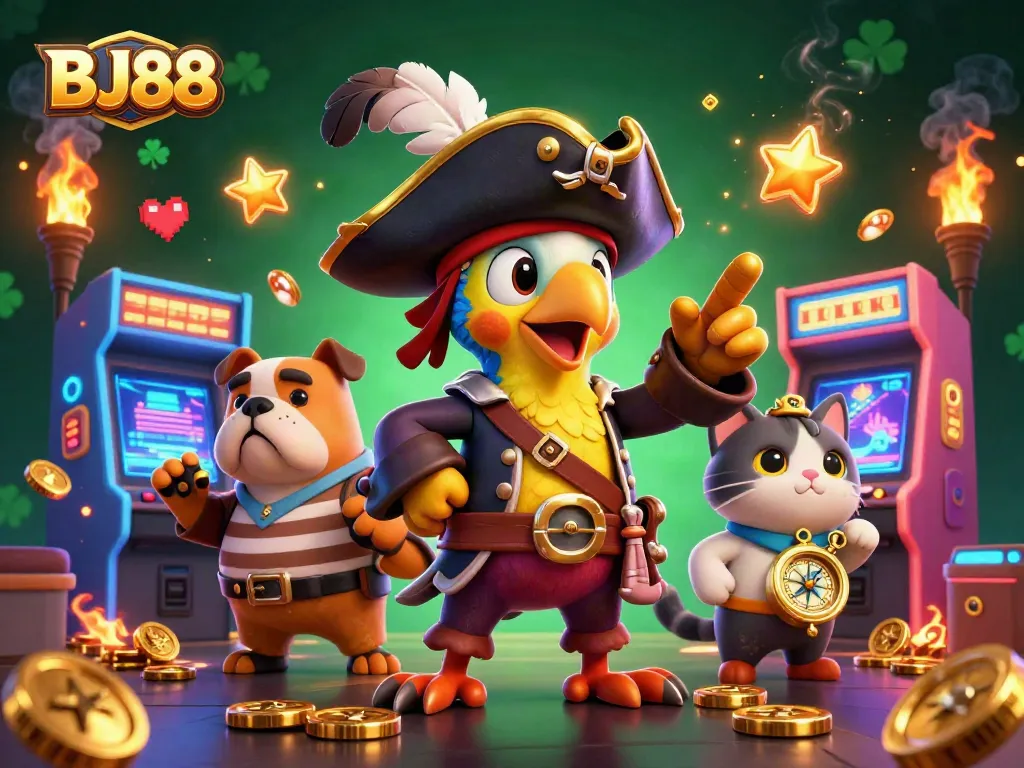 Engage with thrilling gaming adventures at BJ88, featuring vibrant casino elements and animated characters.