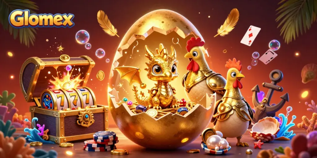 Glomex showcases a golden dragon surrounded by slot reels and poker chips in this vibrant casino scene.
