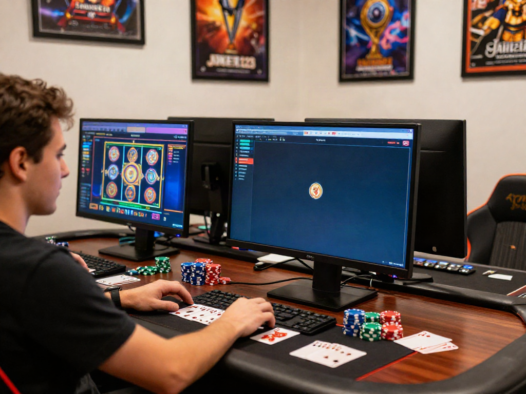 ผู้เล่นกำลังสนุกกับเกม joker gaming บนคอมพิวเตอร์ในบรรยากาศคาสิโนออนไลน์ที่น่าตื่นเต้น