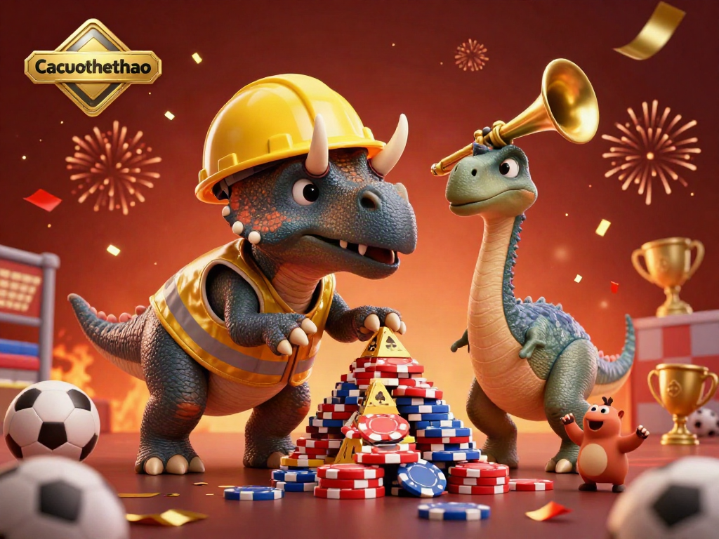 Cacuocthethao showcases a triceratops building a pyramid of poker chips amidst cheering tiny compys and festive confetti.
