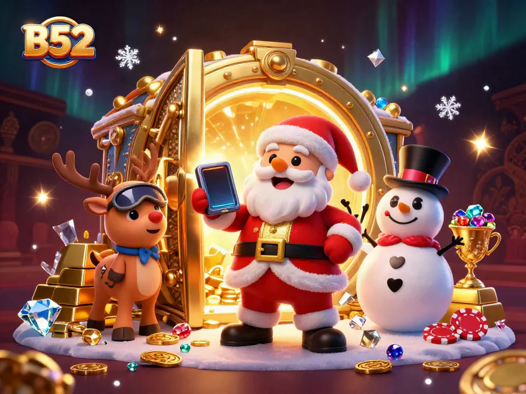 Experience the excitement of B52 casino with Santa holding jackpot slots and festive friends.