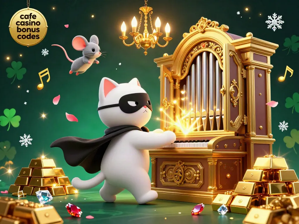 Experience the thrill of cafe casino bonus codes with a dynamic visual of a white cat at a stunning pipe organ amidst gold and treasures.