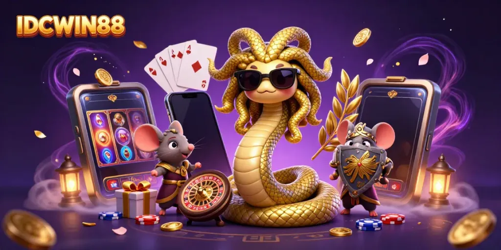 Engage in thrilling gameplay with IDCWIN88's vibrant and interactive casino elements, featuring charismatic characters.