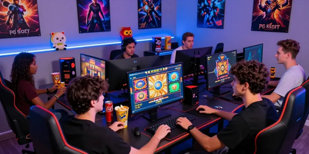 Friends enjoying PG SOFT slot games together in a vibrant gaming environment, highlighting the excitement of online slots.