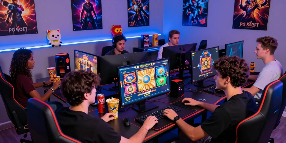 Friends enjoying PG SOFT slot games together in a vibrant gaming environment, highlighting the excitement of online slots.