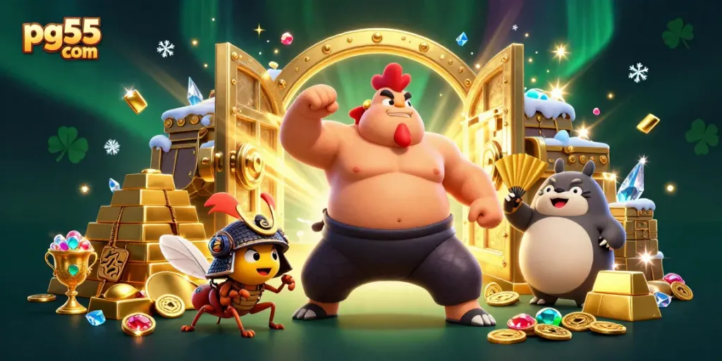 Engage with pg55 com's thrilling casino scene featuring colorful characters and treasures.