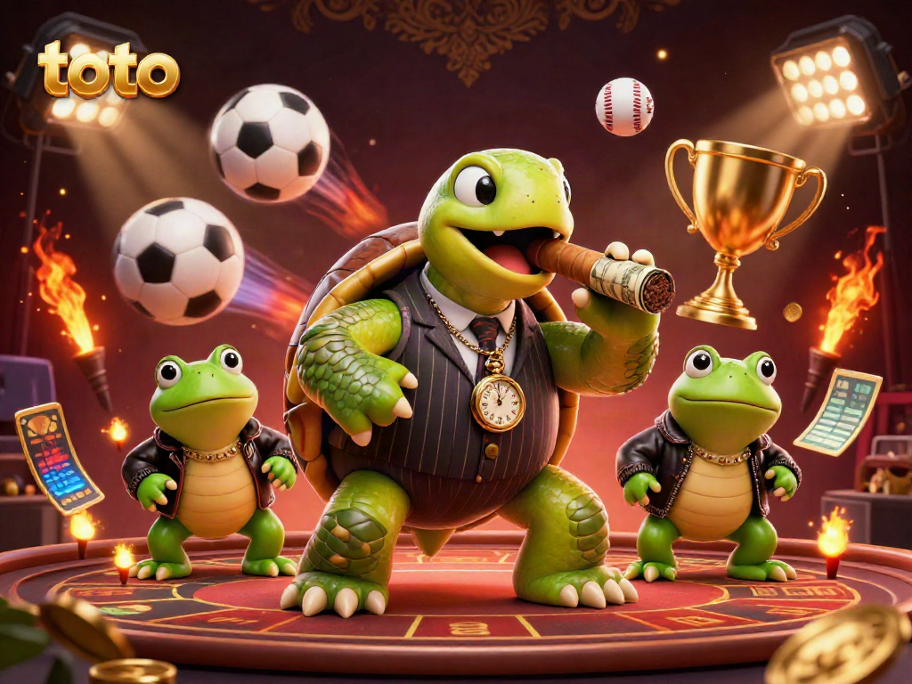 Toto-themed 3D illustration featuring a mobster turtle and bullfrog enforcers in a casino scene.