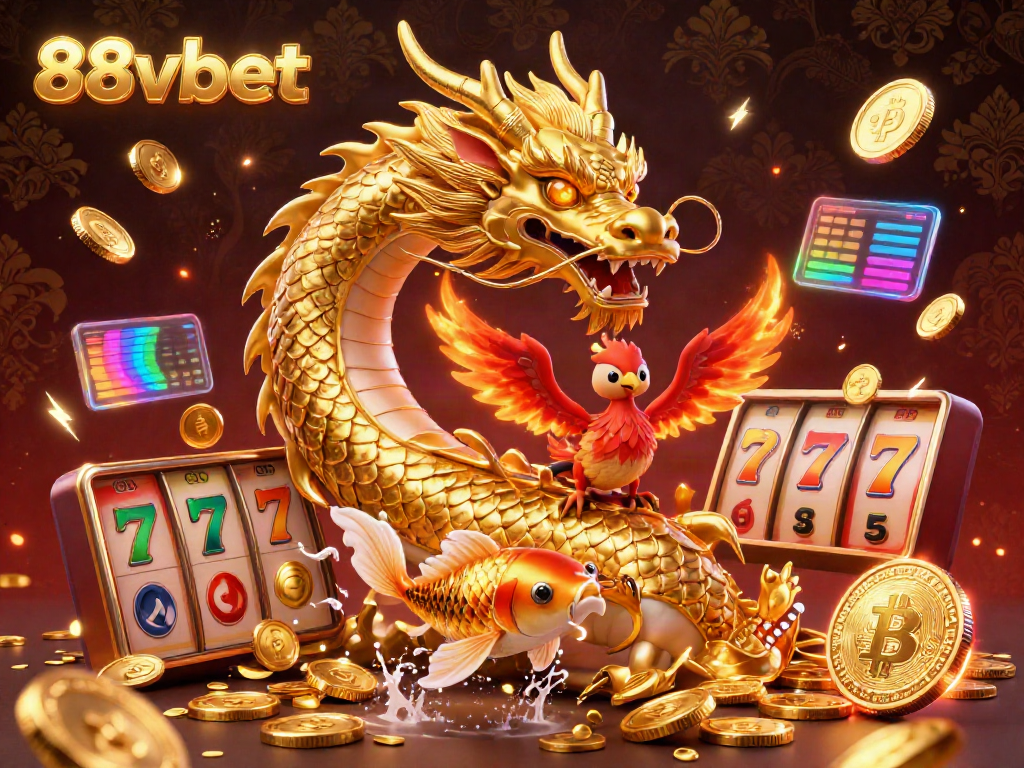 Experience the excitement of 88vbet with a dynamic scene featuring a golden dragon, koi fish, and vibrant slot elements.