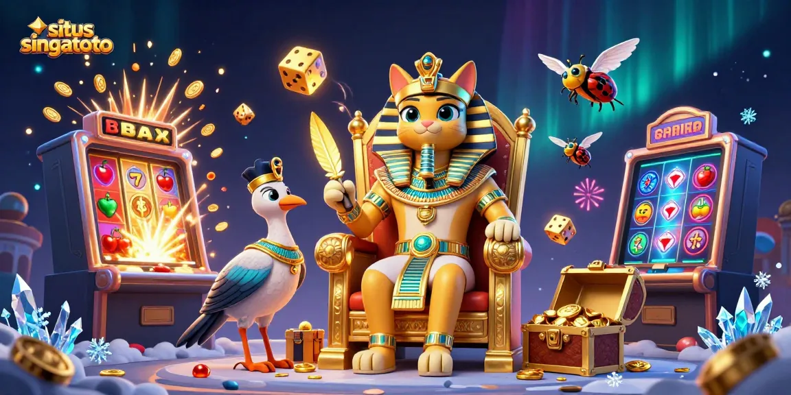 Experience the excitement at situs singatoto with a vibrant illustration of a pharaoh cat, slot machines, and dazzling elements.
