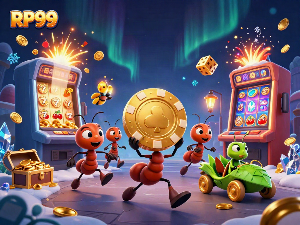 Experience the excitement of RP99 with a dynamic casino heist scene featuring ants, a firefly, and a grasshopper amidst a jackpot explosion.