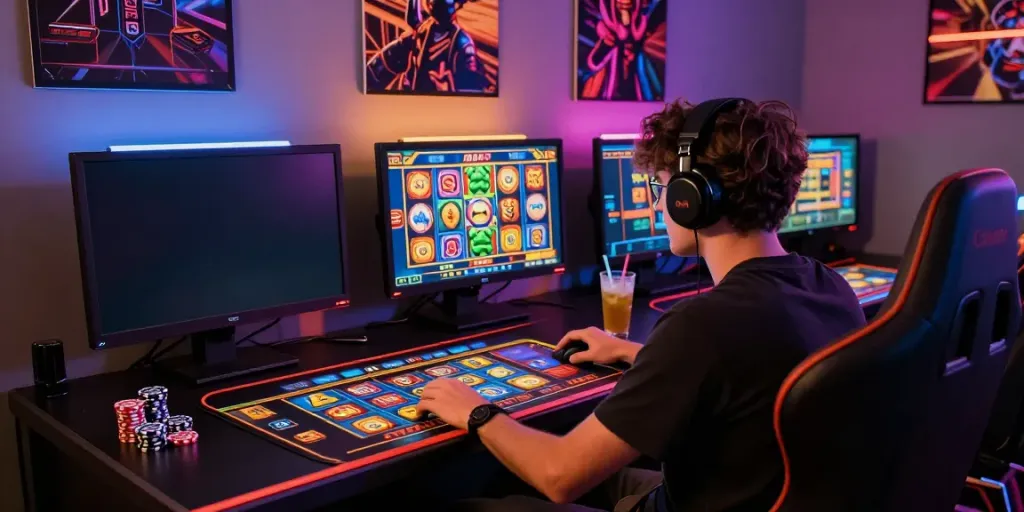 Intense online gaming experience with akunjp player engaged in a vibrant slot game.