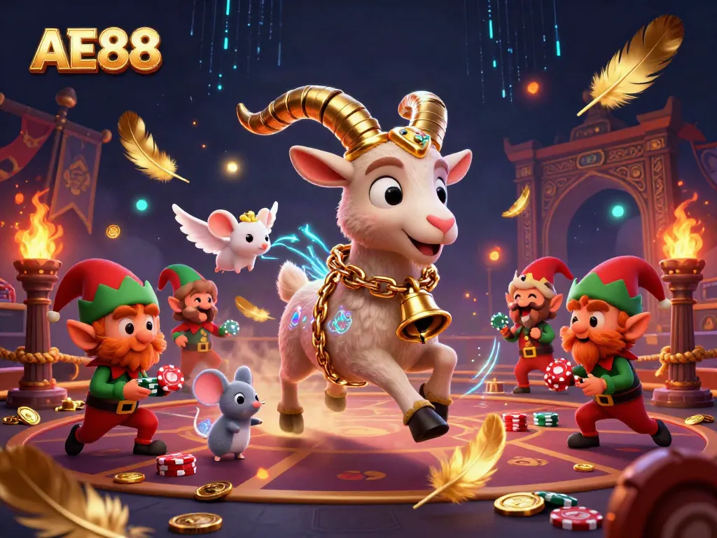 Engage in thrilling gameplay at AE88 casino, featuring festive characters in a vibrant scene.