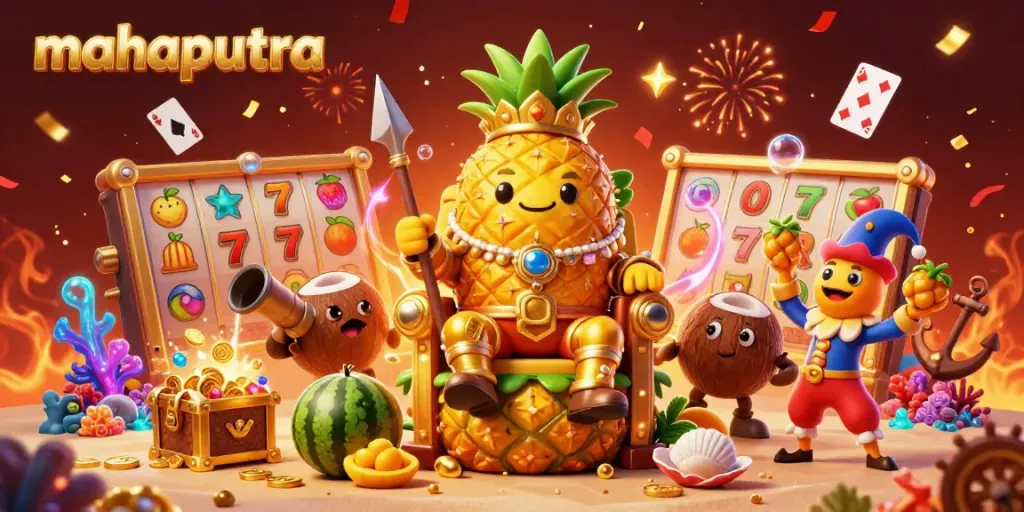 Casino mesin slot di mahaputra dengan raja nanas emas dan jester bermain di kasino pantai.