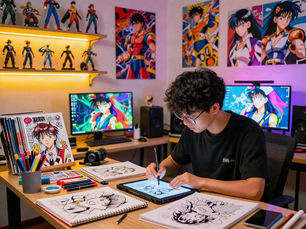 Anime artist in a creative workspace focused on hentai ai chat illustrations with vibrant colors and art supplies.