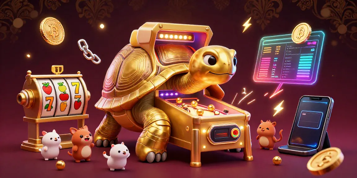 Permainan slot wslot888 yang menarik dengan kura-kura pinball dan koin cryptocurrency berkilau.