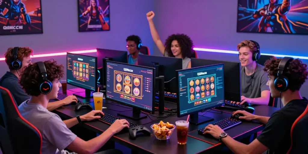 Group of friends enjoying gaming on QQMacan platform with vibrant setup.