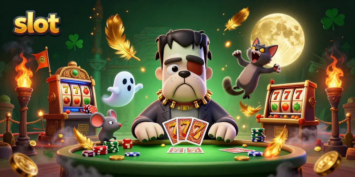 Slot yang berputar dengan bulldog Frankenstein dan kitten werewolf di meja permainan